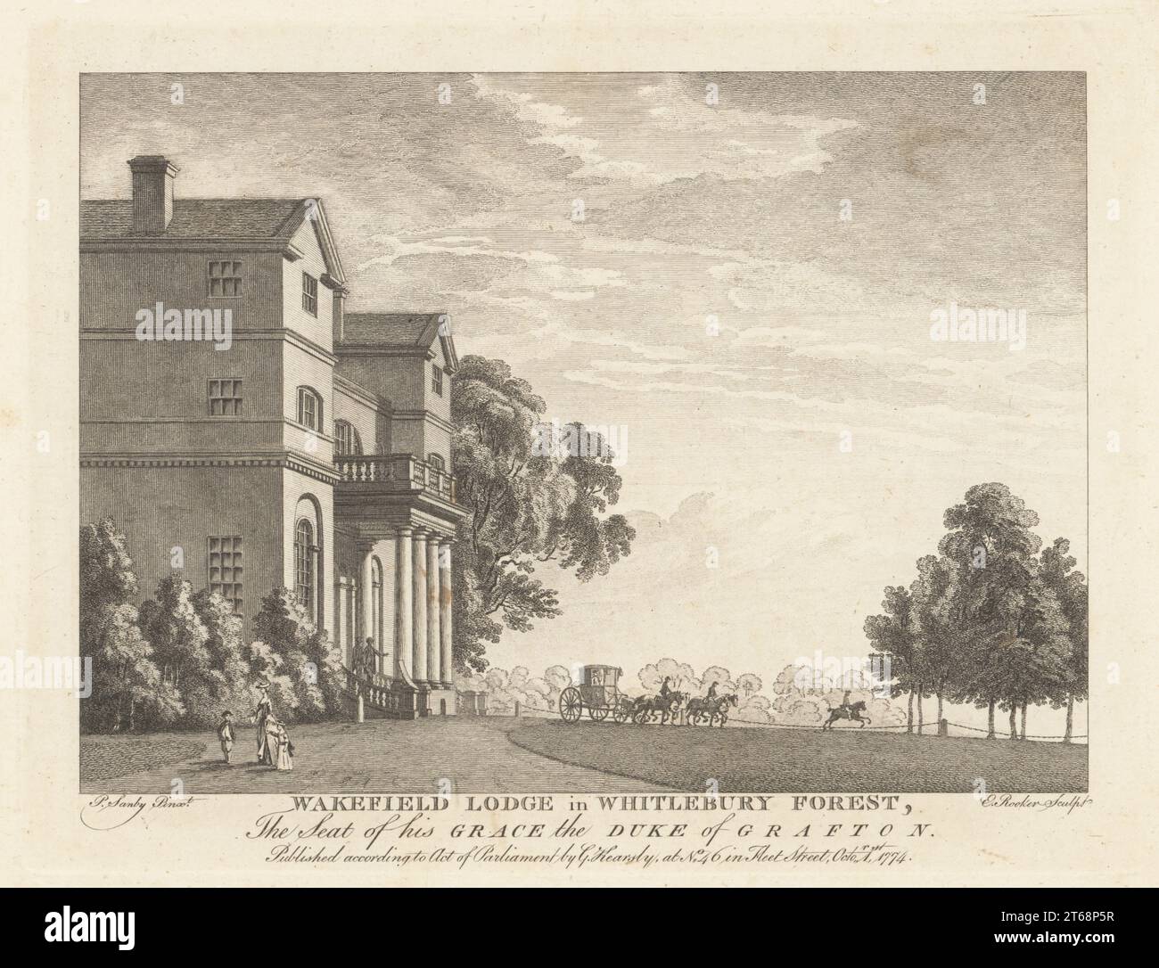 Wakefield Lodge in Whitlebury Forest. A carriage leaves from in front ...