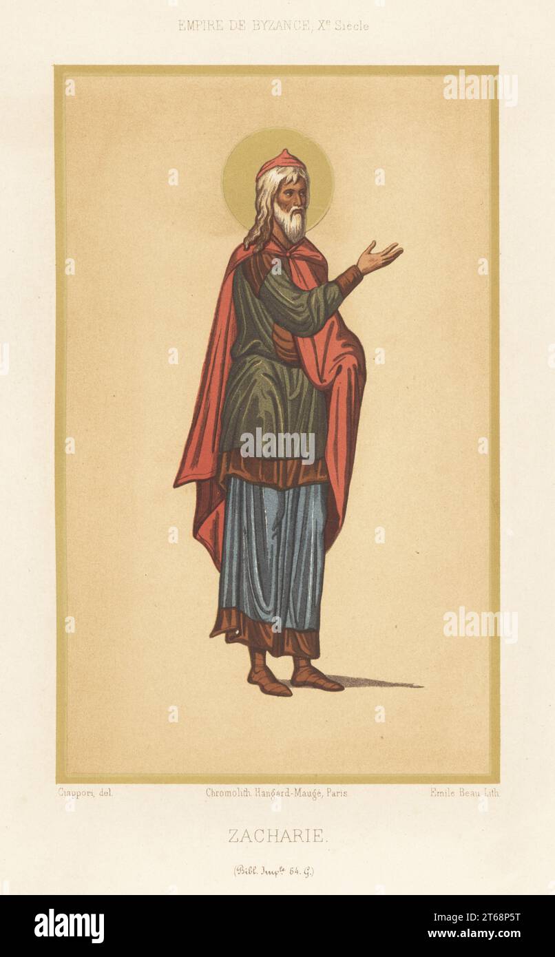 Zechariah or Zachiarias, father of John the Baptist, in imperial costume of the Byzantine Empire, 10th century. Zacharie, Empire de Byzance, Xe Siecle. Taken from a manuscript of the Gospels in a binding with the arms of King Henry IV, MS 64 G, Bibliotheque Imperiale. Chromolithograph by Emile Beau after an illustration by Claudius Joseph Ciappori from Charles Louandres Les Arts Somptuaires, The Sumptuary Arts, Hangard-Mauge, Paris, 1858. Stock Photo