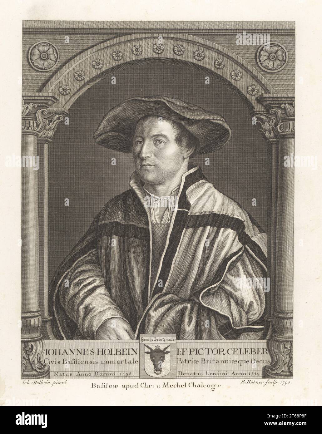 Self-portrait of Hans Holbein, 1498-1554, German Renaissance painter to the court of Henry VIII of England. In wide-brim hat, slit-sleeved mantle over doublet, under an arch with Tudor roses. Inscription: Johannes Holbein I.F. Pictor Celeber Civis Basilensis immortale Patriae Britanniaeque Decus. Copperplate engraving by Bartholomaus Hubner after a self-portrait by Hans Holbein in Christian von Mechel's Oeuvre de Jean Holbein, Chez Guillaume Haas, Basel, 1790. Stock Photo