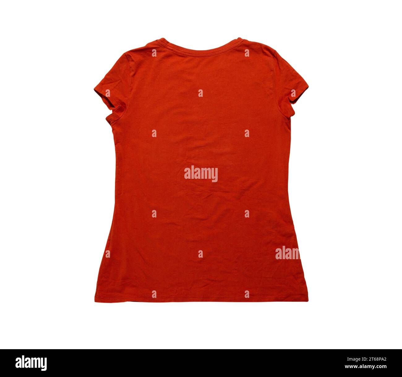 Female tshirt isolated on white background back view, red tshirt mock