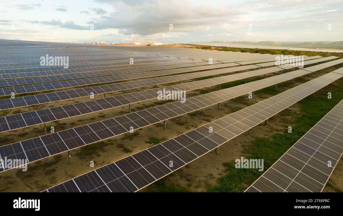 Solar field or pv plant with trackers and bifacial modules Stock Photo