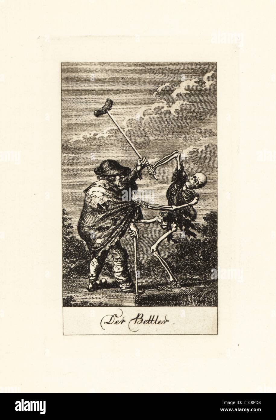 The skeleton of Death attacking a beggar. The beggar tries to hit him with a crutch, but Death kicks him and pulls on his coat. Der Bettler. Copperplate engraving drawn and etched by Daniel Nikolaus Chodowiecki from a series of Dance of Death, originally published in the Lavenburg Calendar in 1792. Reprinted in Totentanz from the original copperplates by Walther Nithack-Stahn, Eigenbrodler Verlag, Berlin, 1926. Stock Photo