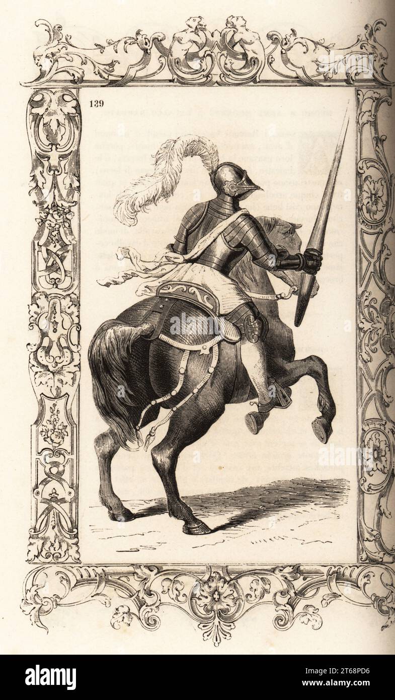 Italian light cavalryman of the 16th century. He wears complete suit of armor, visored helm with plume, corselet with silk moire scarf. He is armed with lance and flinklock arquebus. Within a decorative frame engraved by H. Catenacci and Fellmann. Woodblock engraving by Gerard Seguin and E.F. Huyot after a woodcut by Christoph Krieger from Cesare Vecellios 16th century Costumes anciens et modernes, Habiti antichi et moderni di tutto il mondo, Firman Didot Ferris Fils, Paris, 1859-1860. Stock Photo