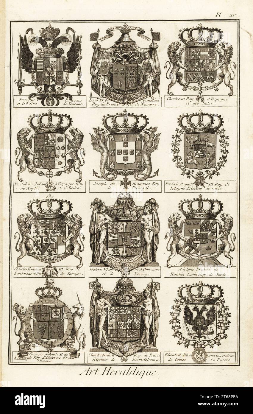 Coats of arms with crests and supporters of kings, queens and emperors. Arms of Holy Roman Emperor Francis I, King Louis XV of France, Charles III of Spain, Joseph of Portugal, Charles Emanuel III of Sardinia, Elisabeth Petrovna of Russia, George II of England, Charles Frederic of Prussia. Copperplate engraving by Robert Benard from Blason ou Art Heraldique, the heraldry section from Denis Diderot and Jean-Baptiste le Rond dAlemberts Encyclopedie, published by Brisson, David, Le Breton and Durand, Paris, 1763. Stock Photo