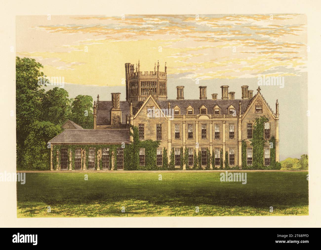 Melbury House, Dorsetshire, England. Manor house with battlements and hexagonal tower built in 1546 for Sir Giles Strangeways. Colour woodblock by Benjamin Fawcett in the Baxter process of an illustration by Alexander Francis Lydon from Reverend Francis Orpen Morriss Picturesque Views of the Seats of Noblemen and Gentlemen of Great Britain and Ireland, William Mackenzie, London, 1880. Stock Photo