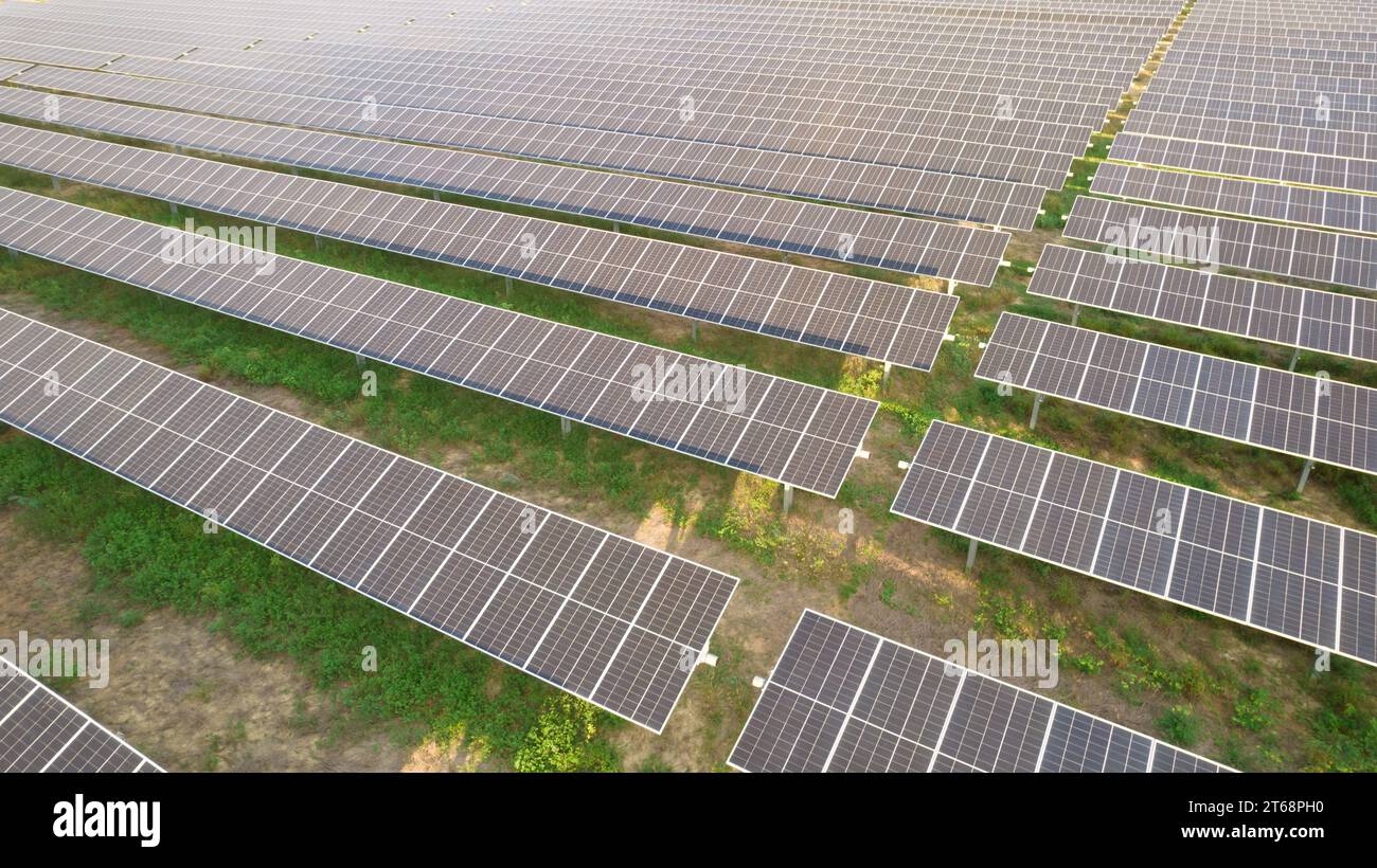 Solar field or pv plant with trackers and bifacial modules Stock Photo