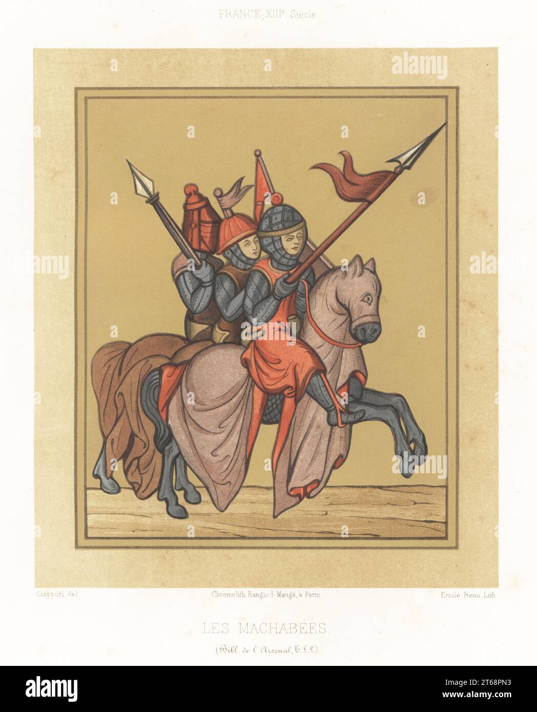 Maccabees in armour on horseback, 13th century. Three sons of Mathathias in the Maccabean Revolt, 2nd century. Judas Maccabeus in visor helmet with mace, others in conical helmets, chainmail armour, riding caparisoned horses. From the Book of Maccabees in a manuscript Bible, MS T.L.2, Bibliotheque de l'Arsenal. Les Machabees, France, XIIIe Siecle. Chromolithograph by Emile Beau after an illustration by Claudius Joseph Ciappori from Charles Louandres Les Arts Somptuaires, The Sumptuary Arts, Hangard-Mauge, Paris, 1858. Stock Photo
