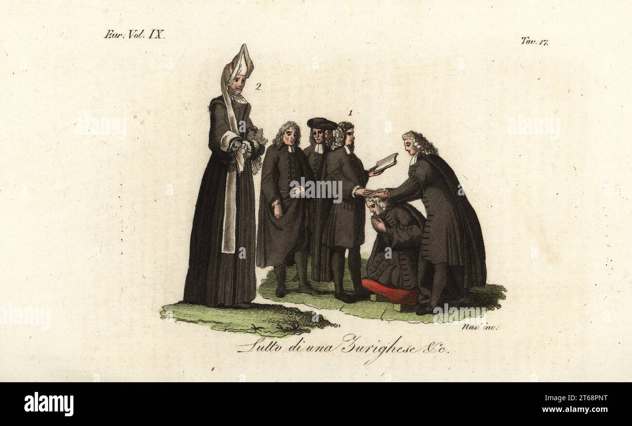 Two Calvinist priests laying hands on a man kneeling on a cushion, and woman of Zurich in mourning clothes, Switzerland, 16th century. Lutto di una Zurichese &c. Handcoloured copperplate engraving by Nasi from Giulio Ferrarios Costumes Ancient and Modern of the Peoples of the World, Il Costume Antico e Moderno, Florence, 1837. Stock Photo