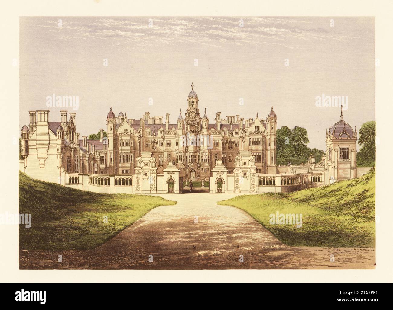 Harlaxton Manor, Lincolnshire, England. Jacobean- and Elizabethan-style house with symmetrical Baroque massing built 1832-54 by architect Anthony Salvin and William Burn for coal baron Gregory Gregory (Gregory Williams). Colour woodblock by Benjamin Fawcett in the Baxter process of an illustration by Alexander Francis Lydon from Reverend Francis Orpen Morriss Picturesque Views of the Seats of Noblemen and Gentlemen of Great Britain and Ireland, William Mackenzie, London, 1880. Stock Photo