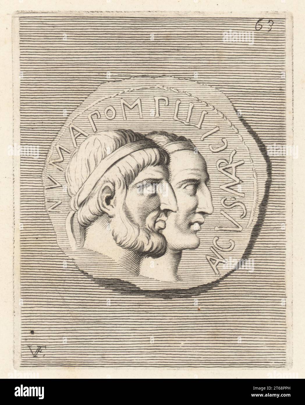 Numa Pompilius and Ancus Martius. Numa Pompilius, legendary second King of Rome, of Sabine origin from Cures, c. 753-672 BC. Ancus Martius, legendary fourth king of Rome, who reigned for 24 years. From a bronze coin. Numa Pomilio, e anco Martio. Copperplate engraving by Guillaume Vallet after Giovanni Angelo Canini from Iconografia, cioe disegni d'imagini de famosissimi monarchi, regi, filososi, poeti ed oratori dell' Antichita, Drawings of images of famous monarchs, kings, philosophers, poets and orators of Antiquity, Ignatio deLazari, Rome, 1699. Stock Photo