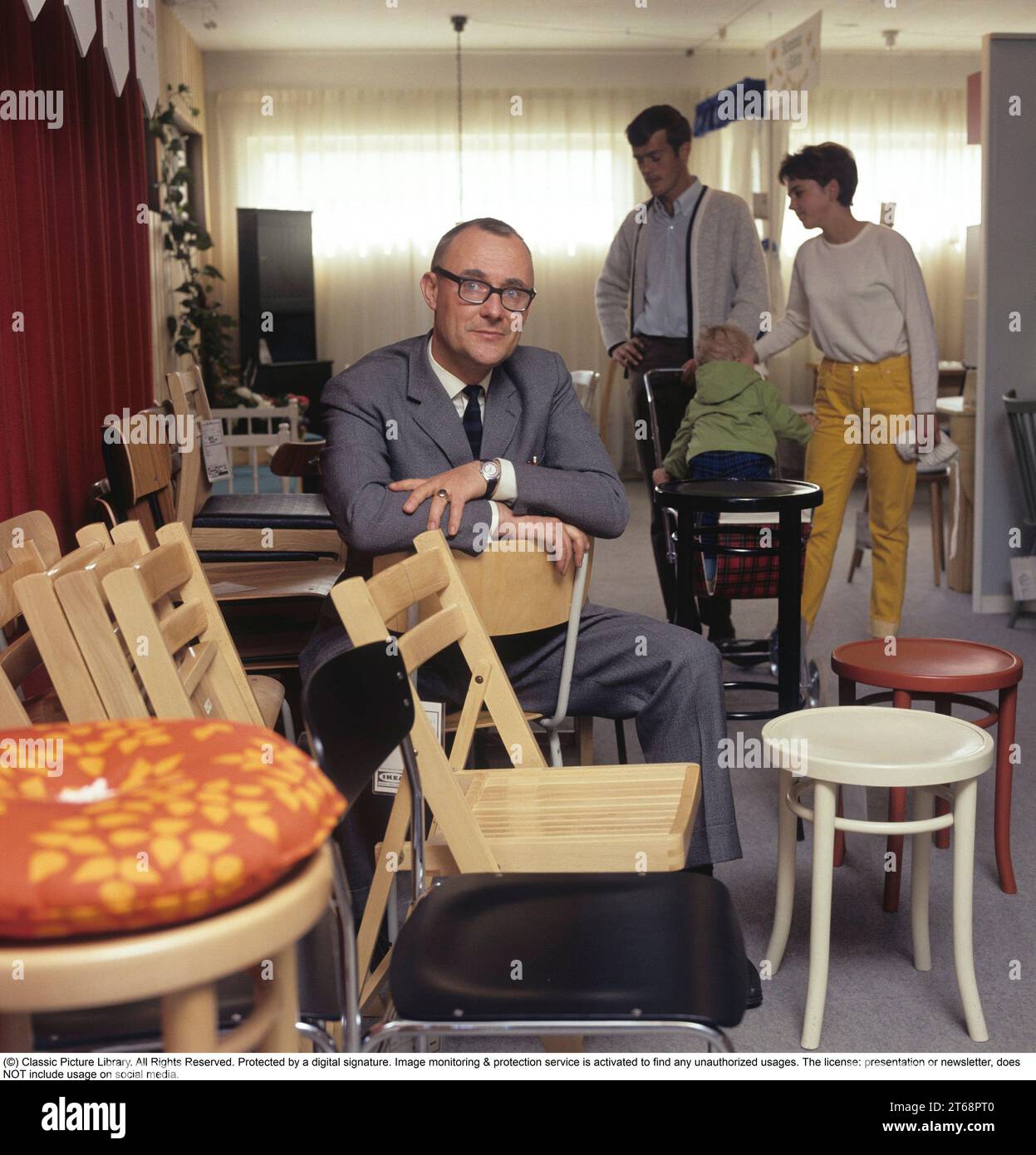 Feodor Ingvar Kamprad. 30 March 1926 – 27 January 2018) was a Swedish billionaire business magnate best known for founding IKEA, a multinational retail company specialising in furniture. Pictured in the very first IKEA store he opened  in his home town of Älmhult Småland Sweden 1968. Roland Palm ref 2-11-10 Stock Photo