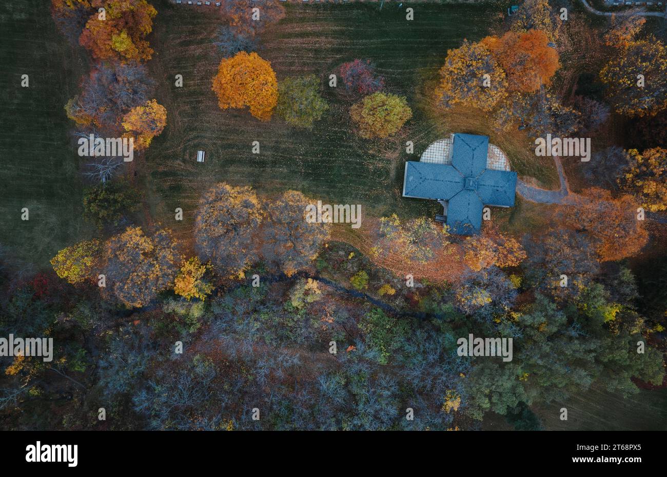 An aerial view of a landscape with autumn trees Stock Photo - Alamy