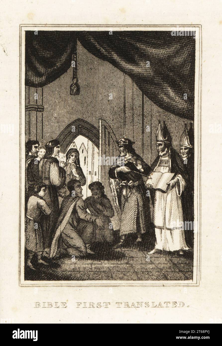 King Henry VIII and bishops presenting William Tyndale's first English translation of the Bible, 1525. Bible first translated. Copperplate engraving from M. A. Jones History of England from Julius Caesar to George IV, G. Virtue, 26 Ivy Lane, London, 1836. Stock Photo