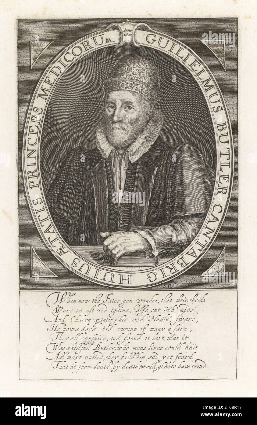 William Butler, English academic and physician, 1535-1618. Fellow of Clare College, Cambridge, famous eccentric and drunkard. Guillielmus Butler, Cantabric Huius Aetatis Princeps Medicorum. Original plate with eight English verses. Copperplate engraving after Simon van de Pass from Samuel Woodburns Gallery of Rare Portraits Consisting of Original Plates, George Jones, 102 St Martins Lane, London, 1816. Stock Photo