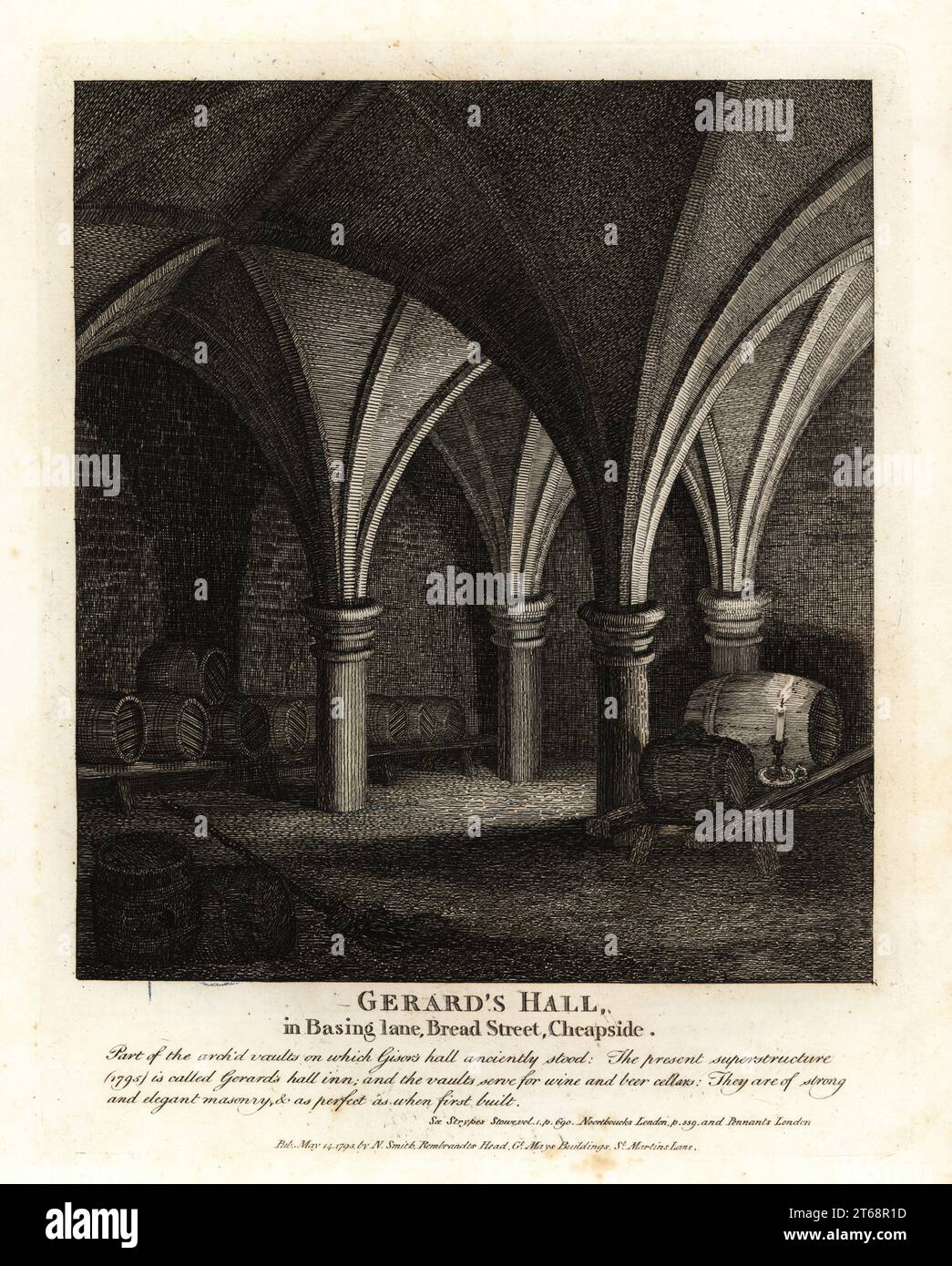 Underground vaults in Gerards Hall Inn in Basing Lane, Bread Street, Cheapside, 1795. Copperplate engraving by John Thomas Smith after original drawings by members of the Society of Antiquaries from his J.T. Smiths Antiquities of London and its Environs, J. Sewell, R. Folder, J. Simco, London, 1795. Stock Photo