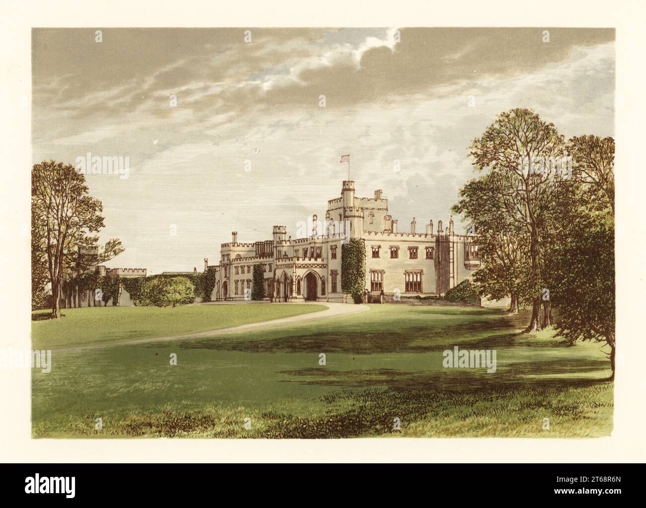 Moreton Hall, Cheshire, England. Gothic-Revival-style castle with crenellated towers and stained-glass windows built in 1844 for George Ackers. Colour woodblock by Benjamin Fawcett in the Baxter process of an illustration by Alexander Francis Lydon from Reverend Francis Orpen Morriss Picturesque Views of the Seats of Noblemen and Gentlemen of Great Britain and Ireland, William Mackenzie, London, 1880. Stock Photo