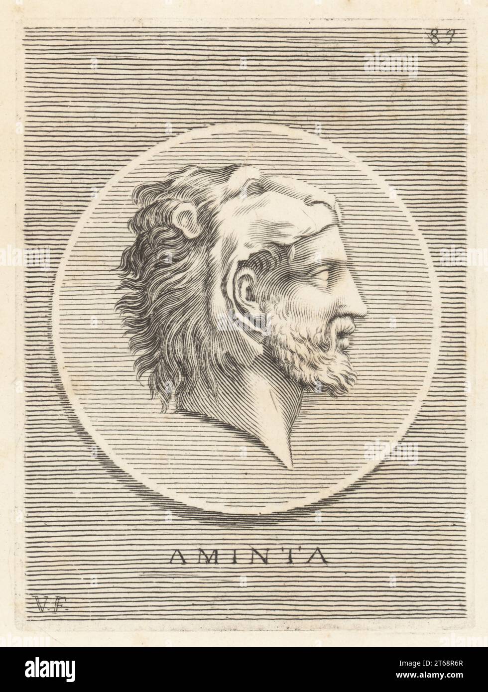 King Amyntas I of Macedon wearing a lionskin like the Greek hero Heracles. A vassal of Darius I from 511 BC until his death in 497 BC. On the verso of a bronze coin depicting Alexander the Great. Aminta Re de Macedoni. Copperplate engraving by Guillaume Vallet after Giovanni Angelo Canini from Iconografia, cioe disegni d'imagini de famosissimi monarchi, regi, filososi, poeti ed oratori dell' Antichita, Drawings of images of famous monarchs, kings, philosophers, poets and orators of Antiquity, Ignatio deLazari, Rome, 1699. Stock Photo