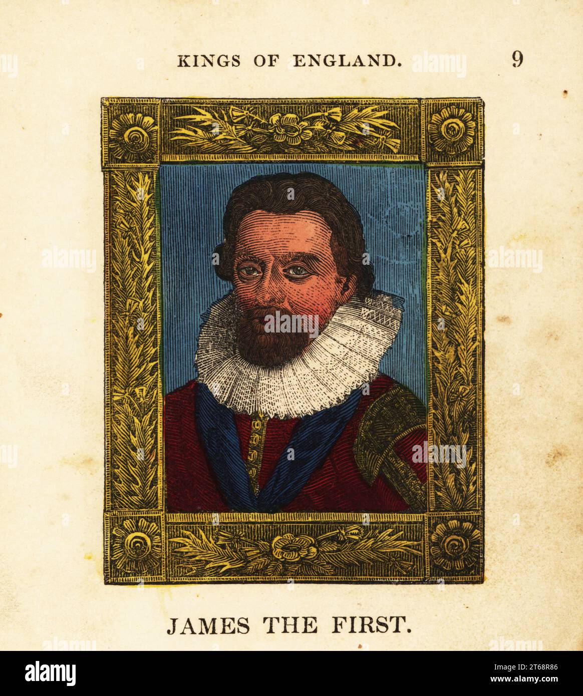 Portrait of King James the First, King James I of England, born 1566, began reign 1603 and died 1625. In lace ruff collar, doublet, within ornate frame. Handcolored engraving by Cosmo Armstrong from Portraits and Characters of the Kings of England, from William the Conqueror to George the Third, John Harris, London, 1830. Stock Photo
