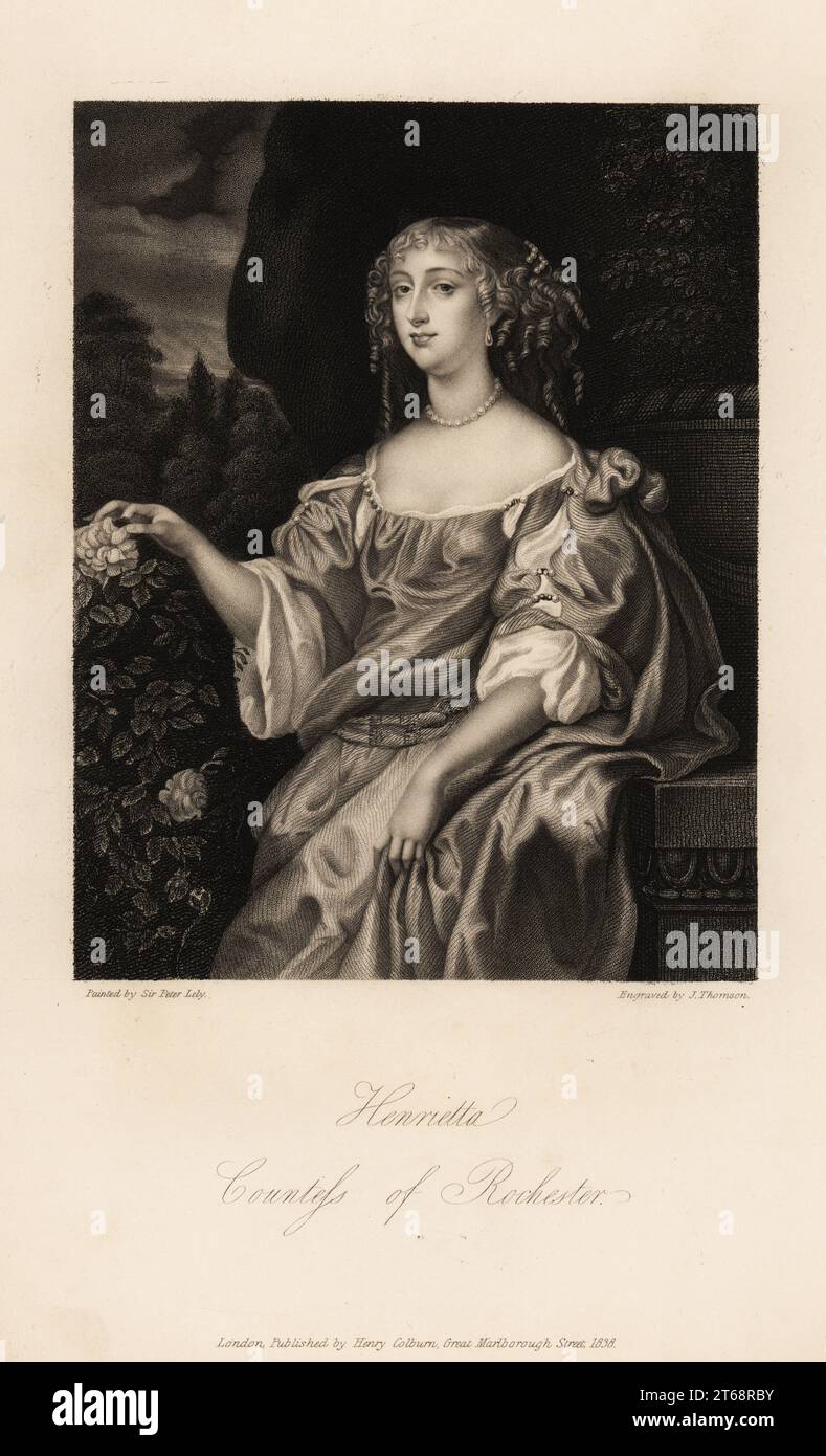 Henrietta Hyde, Countess of Rochester, wife of Laurence Hyde, 1st Earl of Rochester, formerly Lady Henrietta Boyle, one of the Windsor Beauties, 1646-1687. Steel engraving by J. Thomas after a portrait by Sir Peter Lely from Mrs Anna Jamesons Memoirs of the Beauties of the Court of King Charles the Second, Henry Coburn, London, 1838. Stock Photo