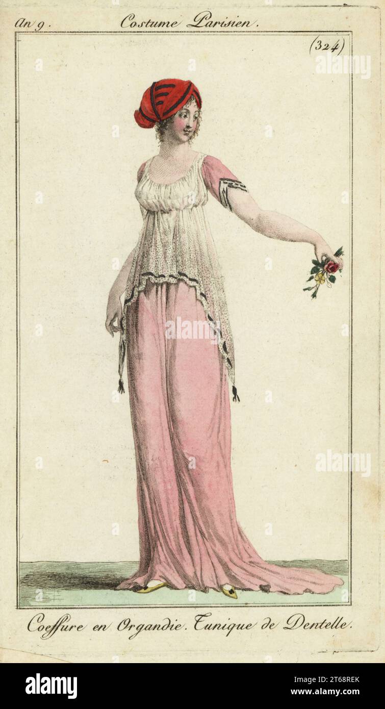 Fashionable woman in organdy headdress, 1801. She wears a lace tunic over a pink, short-sleeved dress. Coeffure en Organdie. Tunique de Dentelle. Handcoloured copperplate engraving from Pierre de la Mesangeres Journal des Modes et Dames, Paris, 1801. The illustrations in volume 4 were by Carle Vernet, Bosio, Dutailly and Philibert Louis Debucourt. Stock Photo
