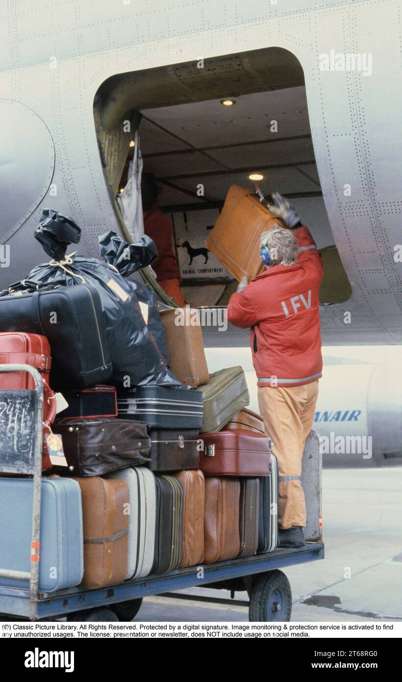 Airline travelling in the 1970s. A swedish passenger airplane 1979 of the airline SAS. The luggage is being handled onto the airplane at Arlanda airport. Sweden 1979 Stock Photo