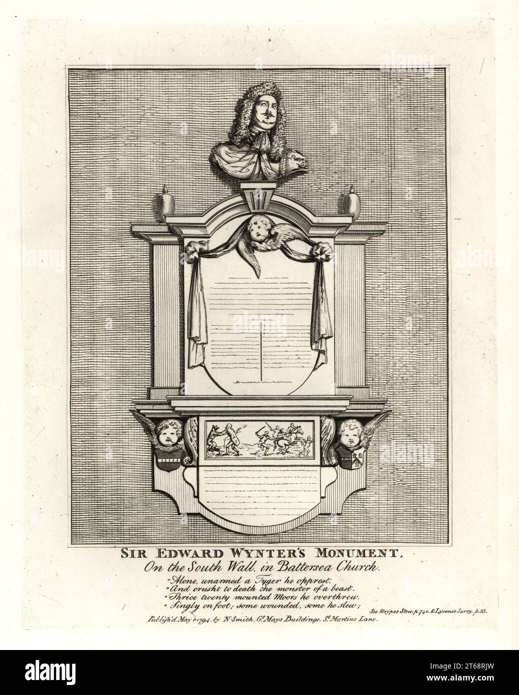 Monument of Sir Edward Wynter, died 1685, on the south wall of St Marys Church Battersea. With bust, cherubs, drapes and depictions of him fighting a tiger and Moors. Copperplate engraving by John Thomas Smith after original drawings by members of the Society of Antiquaries from his J.T. Smiths Antiquities of London and its Environs, J. Sewell, R. Folder, J. Simco, London, 1794. Stock Photo