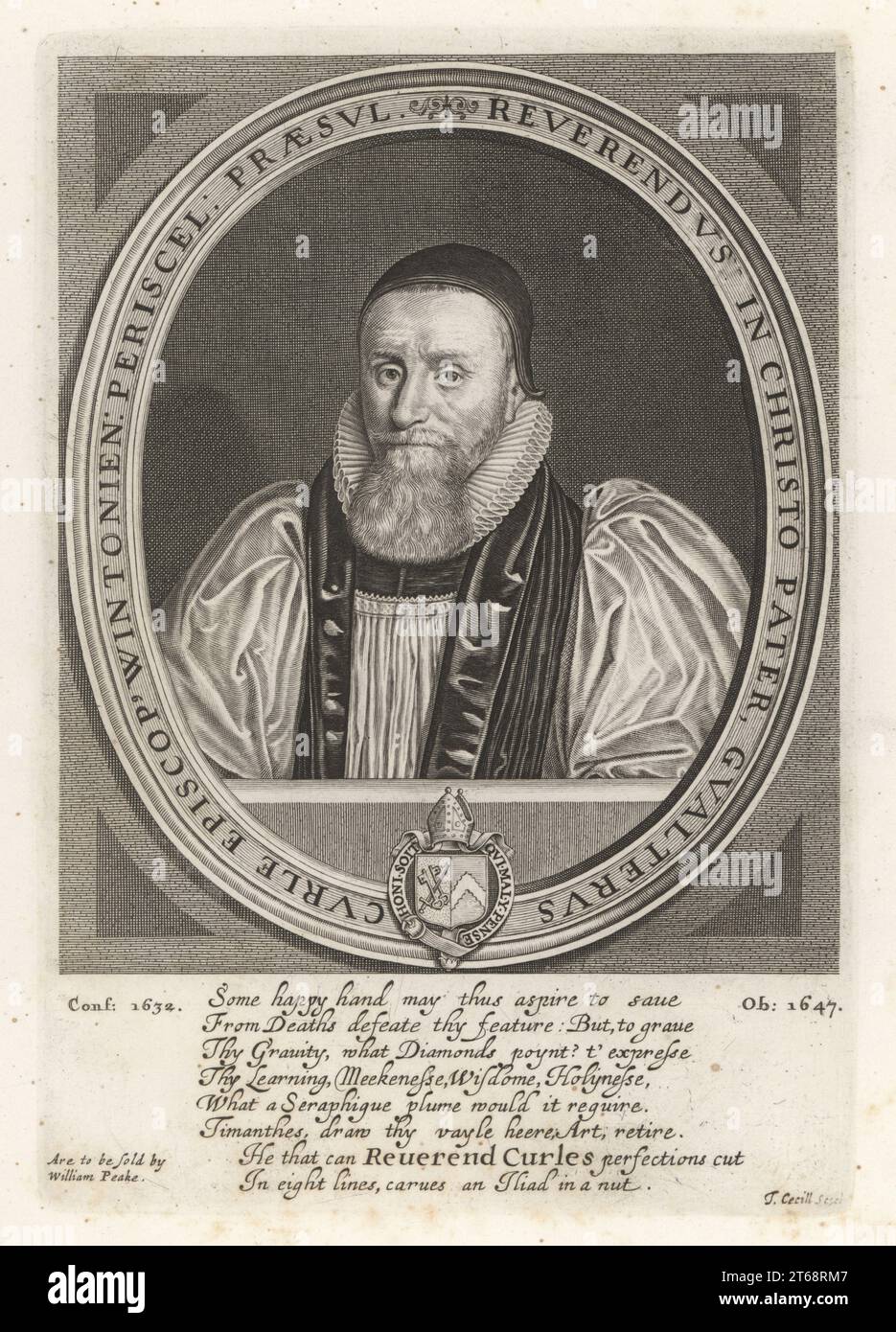 Walter Curle, Bishop of Winchester, English theologian. In skull cap, ruff collar and ecclesiastical robes, 1575-1647. Gualterus Curle Episco Wintonien. Original plate by Thomas Cecill, with eight English verses sold by WIlliam Peake. Copperplate engraving from Samuel Woodburns Gallery of Rare Portraits Consisting of Original Plates, George Jones, 102 St Martins Lane, London, 1816. Stock Photo