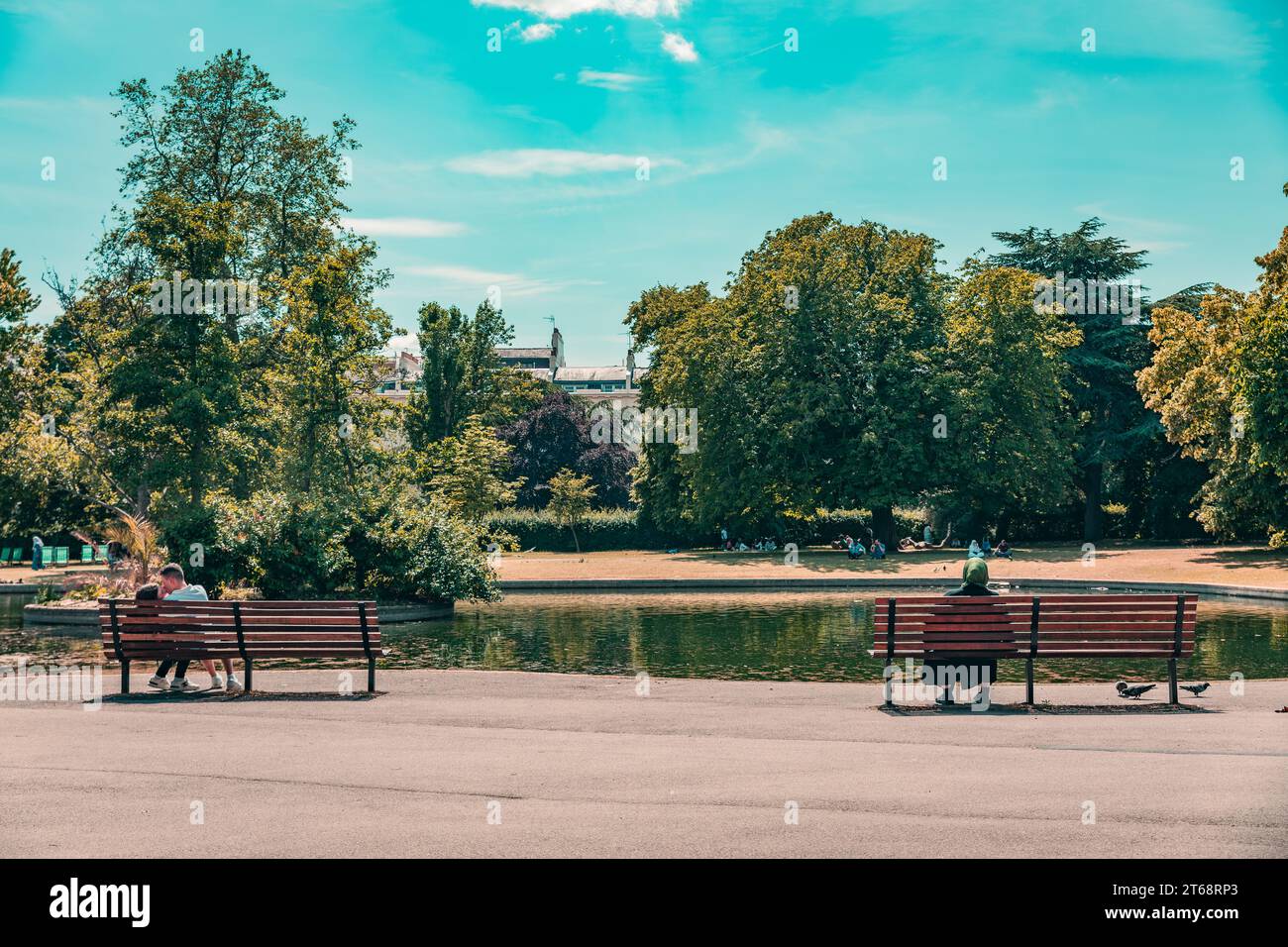Regents Park Pond and Benches Stock Photo