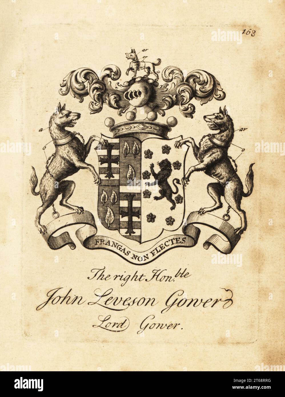Coat of arms of the Right Honourable John Leveson Gower, Lord Gower., 1st Earl Gower, 1694-1754. Copperplate engraving by Andrew Johnston after C. Gardiner from Notitia Anglicana, Shewing the Achievements of all the English Nobility, Andrew Johnson, the Strand, London, 1724. Stock Photo