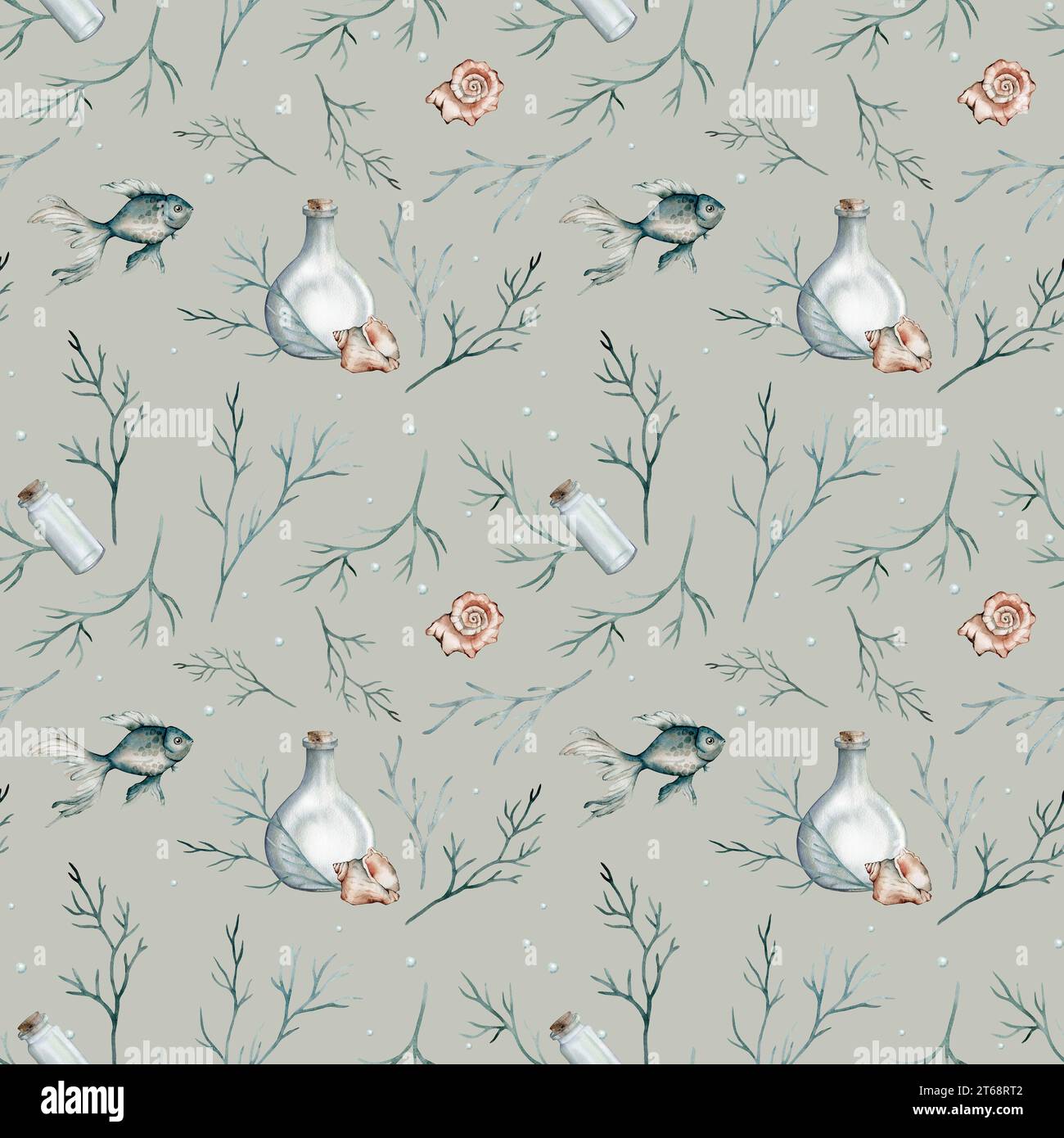 Seamless pattern with watercolor seaweed and coral, fish, shell. Hand ...