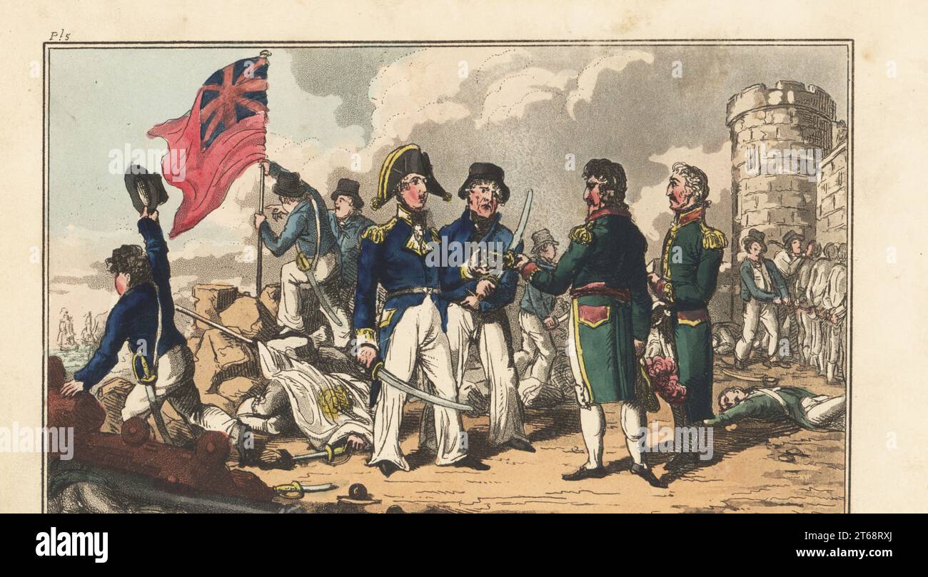 The English Royal Navy captures a Spanish fortress by stealth in the Peninsula War. Captain Bowsprit of HMS Ajax accepts the sword of the fort's commandant in surrender. Sailors plant the English Union Jack flag while prisoners are led away and dead bodies litter the ground. Handcoloured copperplate engraving by Charles Williams from The Post Captain, or Adventures of a True British Tar by a Naval Officer, J. Johnston, London, 1817. Attributed to Alfred Thornton or John Mitford. Stock Photo