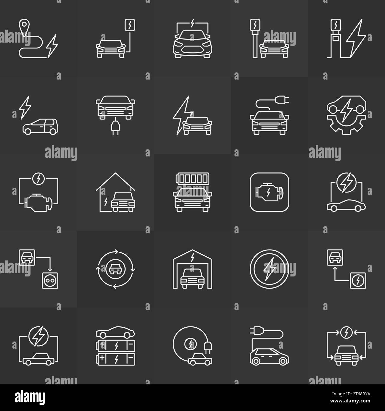 Plug-in electric automobile simple vector icons. EV charging station and Electric Car concept outline signs on dark background Stock Vector