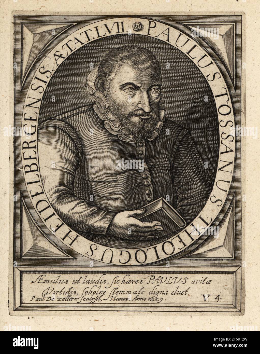 Paul Toussain, 1572-1634, Huguenot minister and theologian of Heidelberg, at age 57. Paulus Tossanus Theologus Heidelbergensis Aetat LVII. Copperplate engraving by Johann Theodore de Bry from Jean-Jacques Boissards Bibliotheca Chalcographica, Johann Ammonius, Frankfurt, 1650. Stock Photo