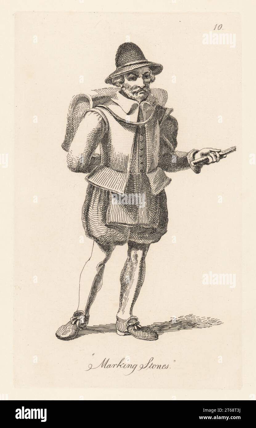 Itinerant seller of Marking Stones, early 17th century. In cap, doublet, hose and shoes, with satchel. Marking stones, black lead or ruddle red, were used to identify possessions, such as linen sheets or flocks of sheep, with indelible marks. From Henry Overton's trades and callings, era of King James I. Copperplate engraving drawn and engraved by John Thomas Smith from his own The Cries of London, or Vagabondiana 2, edited by Francis Douce, John Bowyer Nichols, London, 1839. Stock Photo