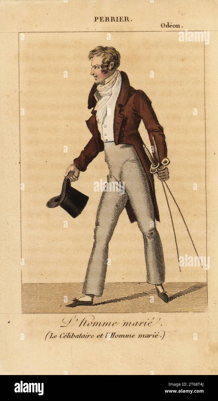 Perrier as Dupont, LHomme marie, in Le Celibataire et lHomme marie by Alexis-Jacques-Marie Wafflard at the Odeon, 1822. Handcoloured copperplate engraving from Charles Malo's Almanach des Spectacles par K.Y.Z, Chez Janet, Paris, 1823. Stock Photo
