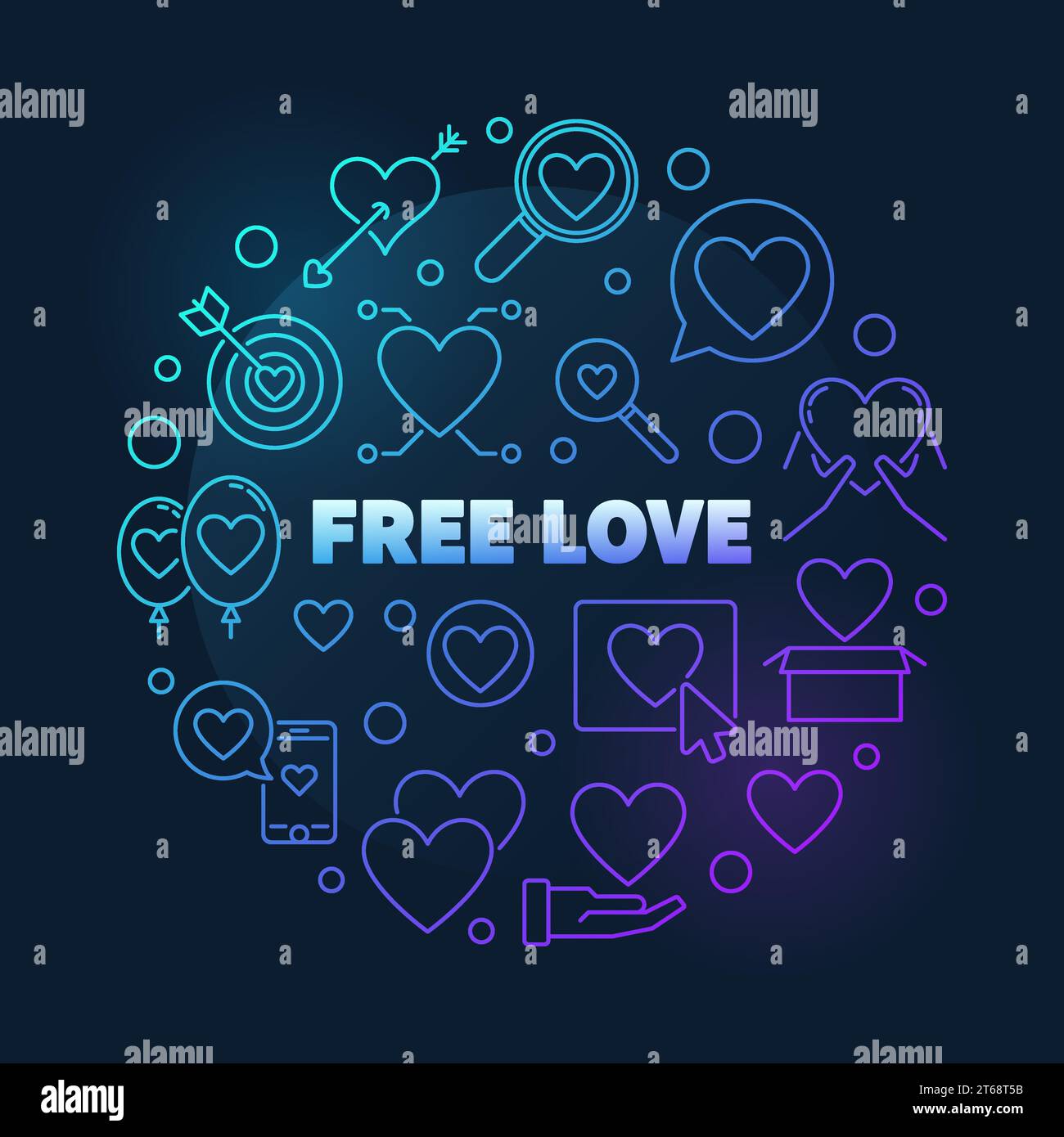 Free Love vector round colorful outline illustration on dark background ...