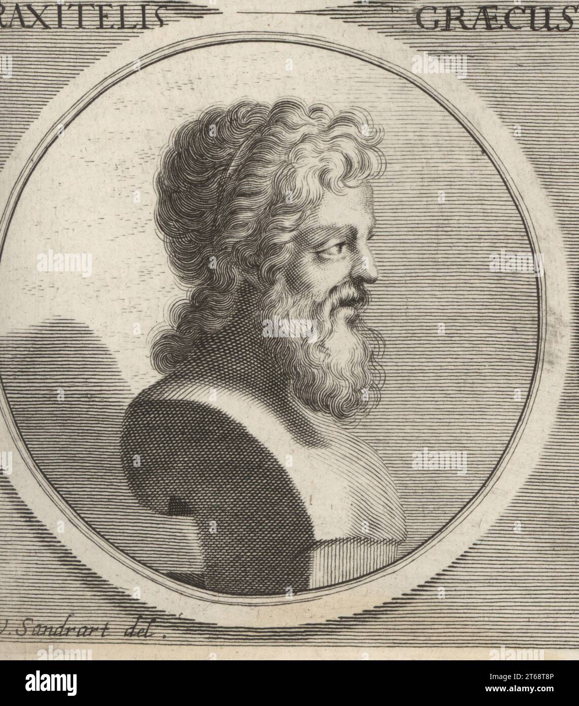 Praxiteles, greatest of the ancient Greek or Attic sculptors of the 4th century BC. Believed to be the son of sculptor Cephisodotus the Elder. Praxitelis Graecus. Copperplate engraving by Philipp Kilian after an illustration by Joachim von Sandrart from his LAcademia Todesca, della Architectura, Scultura & Pittura, oder Teutsche Academie, der Edlen Bau- Bild- und Mahlerey-Kunste, German Academy of Architecture, Sculpture and Painting, Jacob von Sandrart, Nuremberg, 1675. Stock Photo