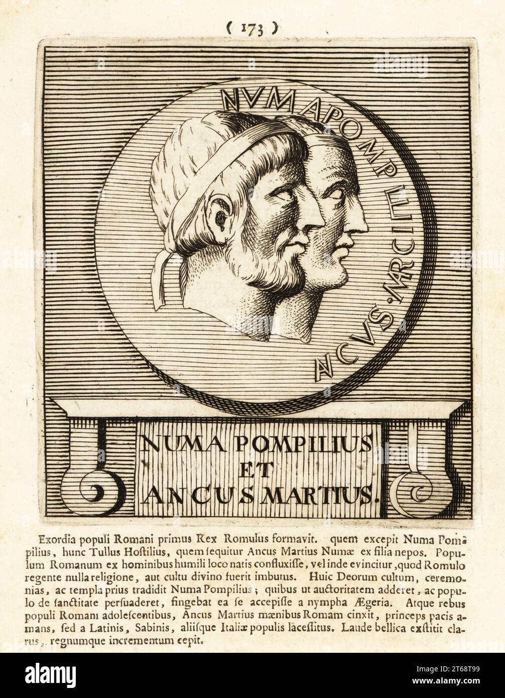 Numa Pompilius with beard, legendary successor to Romulus, second king of Rome. With his grandfather Ancus Marcius, legendary king of Roma. Copperplate engraving by Pieter Bodart (1676-1712) from Henricus Spoors Deorum et Heroum, Virorum et Mulierum Illustrium Imagines Antiquae Illustatae, Gods and Heroes, Men and Women, Illustrated with Antique Images, Petrum, Amsterdam, 1715. First published as Favissæ utriusque antiquitatis tam Romanæ quam Græcæ in 1707. Henricus Spoor was a Dutch physician, classical scholar, poet and writer, fl. 1694-1716. Stock Photo