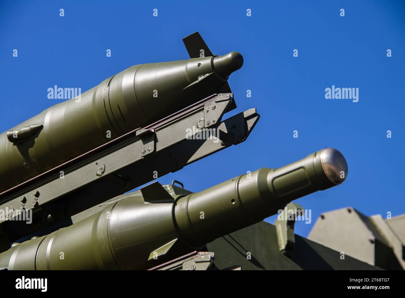 Modern sophisticated air defense missile system and rockets on self propelled launching weapon, exposed at arms international weapons fair in Belgrade Stock Photo