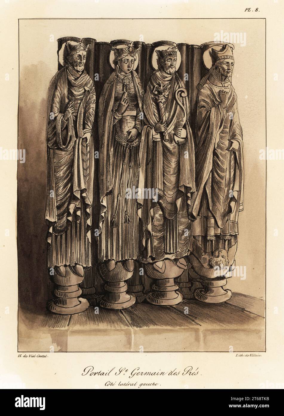 Portal of the Abbey of St. Germain de Pres, Paris, with statues of the Frankish king Clovis, princess Clotilde, and two Merovingian princes. Portail St. Germain des Pres, cote lateral gauche. Tinted lithograph by Villain after an illustration by Horace de Viel-Castel from his Collection des costumes, armes et meubles pour servir à l'histoire de la France (Collection of costumes, weapons and furniture to be used in the history of France), Treuttel & Wurtz, Bossange, 1827. Stock Photo