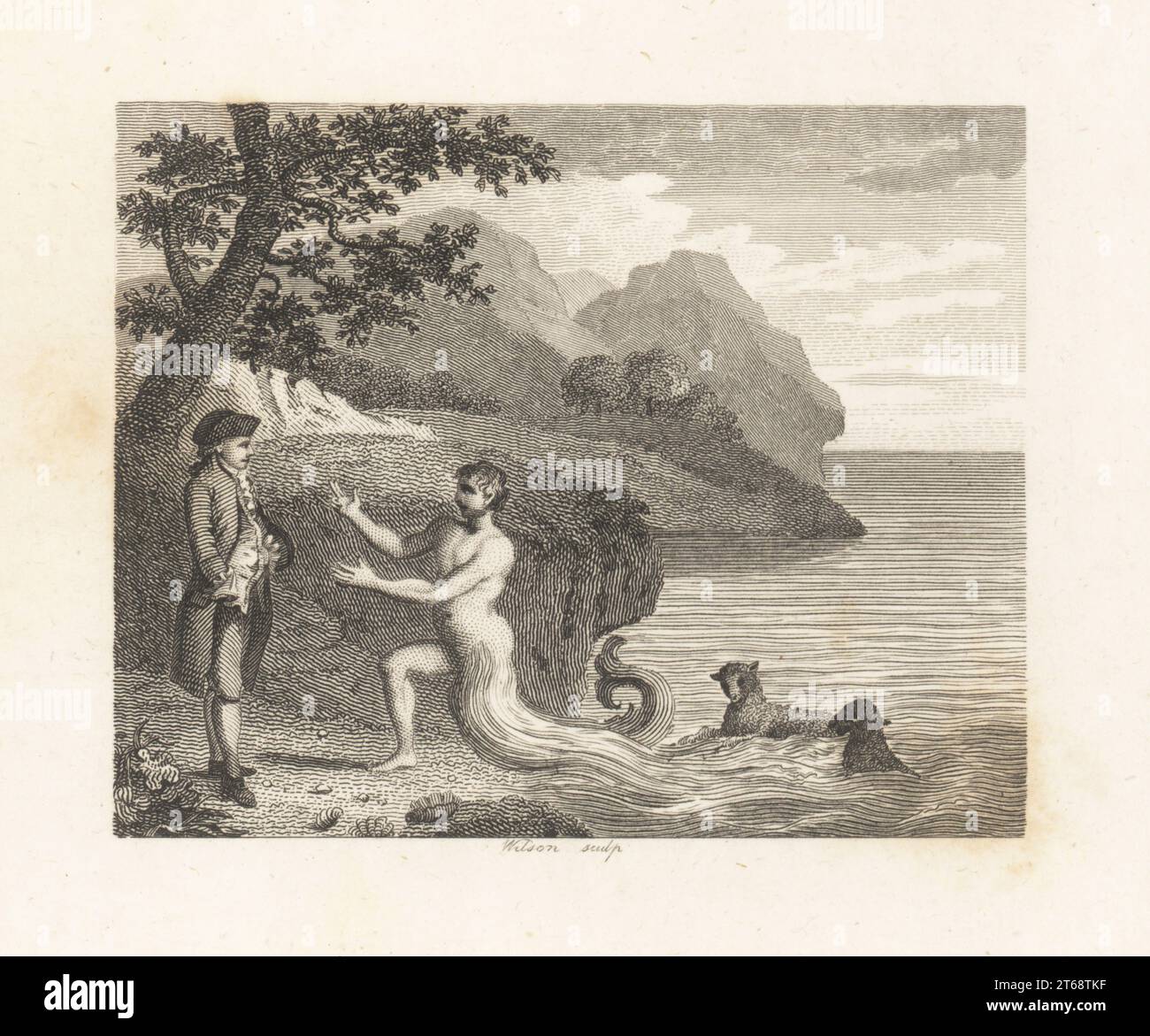 The Courtier and Proteus. A wily courtier meets the shape-shifting Greek god Proteus at the shore. Two sheep frolic in the sea. Copperplate engraving by Wilson after an illustration by William Kent from Fables by John Gay, with a Life of the Author, John Stockdale, London, 1793. Stock Photo