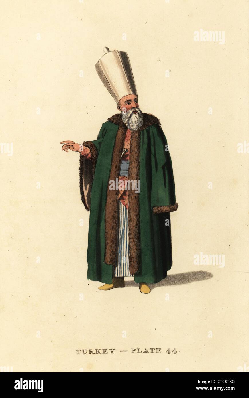 Member of the Divan, council of the Grand Vizier, Ottoman Empire. The council under Sultan Selim III had 12 officers. He wears a tall headdress, pelisse coat trimmed with fur, yellow boots. Handcoloured copperplate engraving after Octavian Dalvimart from William Alexanders translation of Picturesque Representations of the Dress and Manners of the Turks, Thomas MLean, London, 1814. Stock Photo