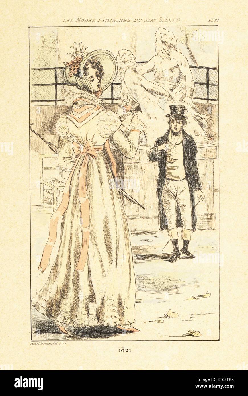 Fashionable woman in front of the marble sculpture Seine and Marne by Nicolas Coustou, Tuileries Gardens, Paris, 1821. She wears a bonnet, high-waisted dress with ruff collar and epaulettes, and holds a rose. Handcoloured drypoint or pointe-seche etching by Henri Boutet from Les Modes Feminines du XIXeme Siecle (Female Fashions of the 19th Century), Ernest Flammarion, Paris, 1902. Boutet (1851-1919) was a French artist, engraver, lithographer and designer. Stock Photo