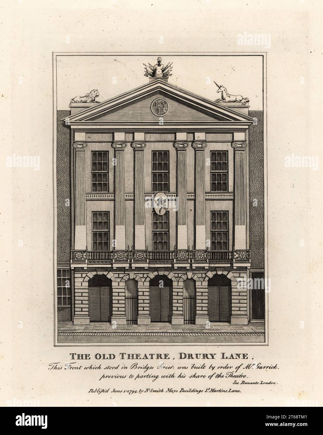 Front of the Old Theatre, Drury Lane, 1794. Facade built by the actor and manager David Garrick. Copperplate engraving by John Thomas Smith after original drawings by members of the Society of Antiquaries from his J.T. Smiths Antiquities of London and its Environs, J. Sewell, R. Folder, J. Simco, London, 1794. Stock Photo