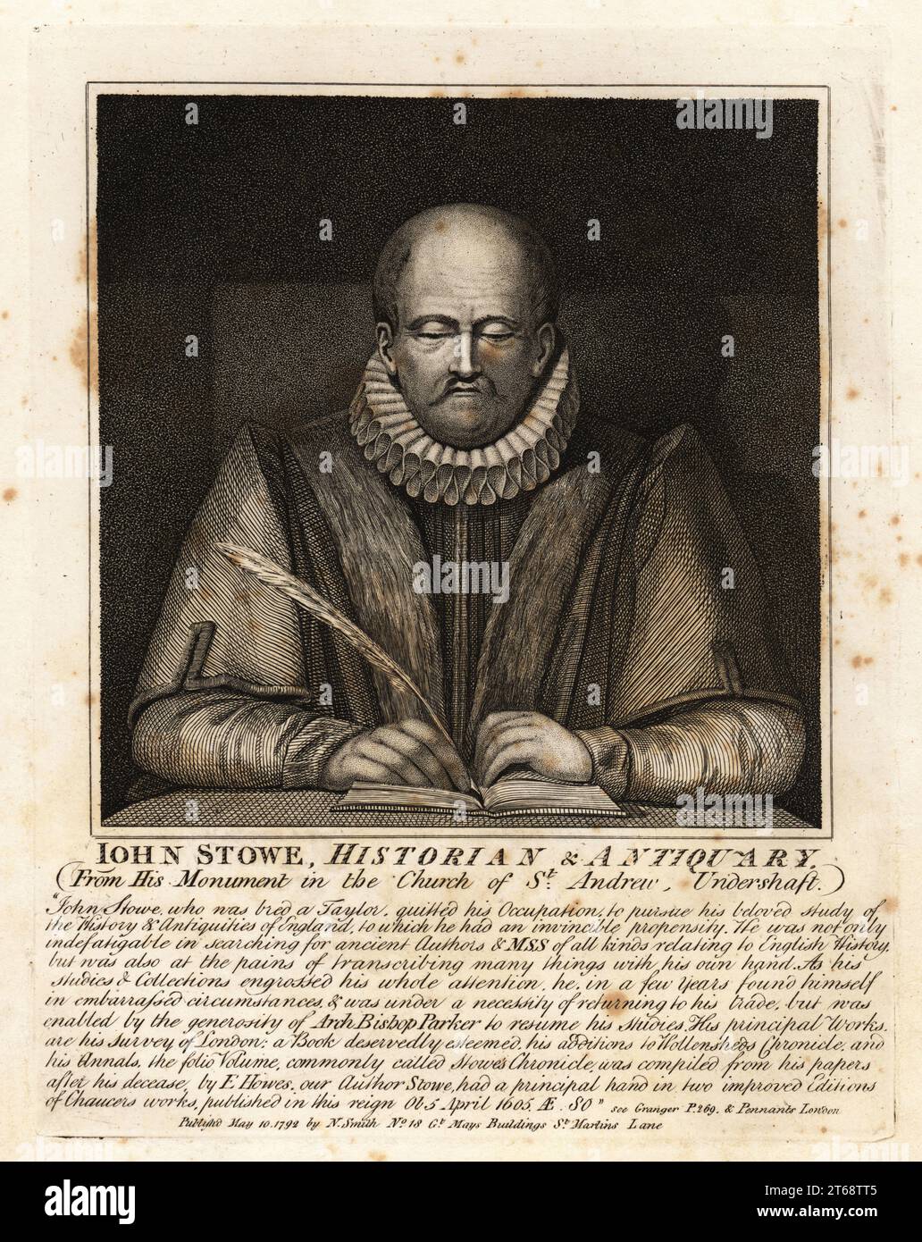 John Stowe, Historian and Antiquarian, 1525-1605, from his monument in the Church of St. Andrew Undershaft. Depicted in an Elizabethan ruff holding a quill pen. Copperplate engraving by John Thomas Smith after original drawings by members of the Society of Antiquaries from his J.T. Smiths Antiquities of London and its Environs, J. Sewell, R. Folder, J. Simco, London, 1792. Stock Photo