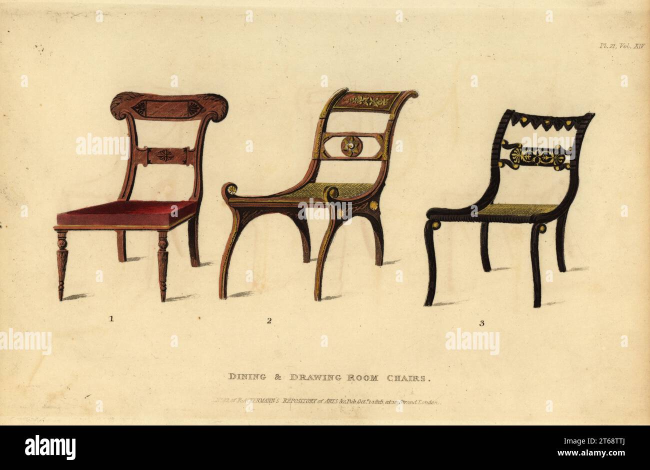 Mahogany dining chair enhanced with inlaid ebony 1, rosewood chair with gilt 2, and rosewood chair with ormolu 3. Dining and drawing-room chair 1815. Handcoloured copperplate engraving from The Upholsterer's and Cabinet-Maker's Repository consisting of seventy-six designs of modern and fashionable furniture, Rudolph Ackermann, London, 1830. Stock Photo