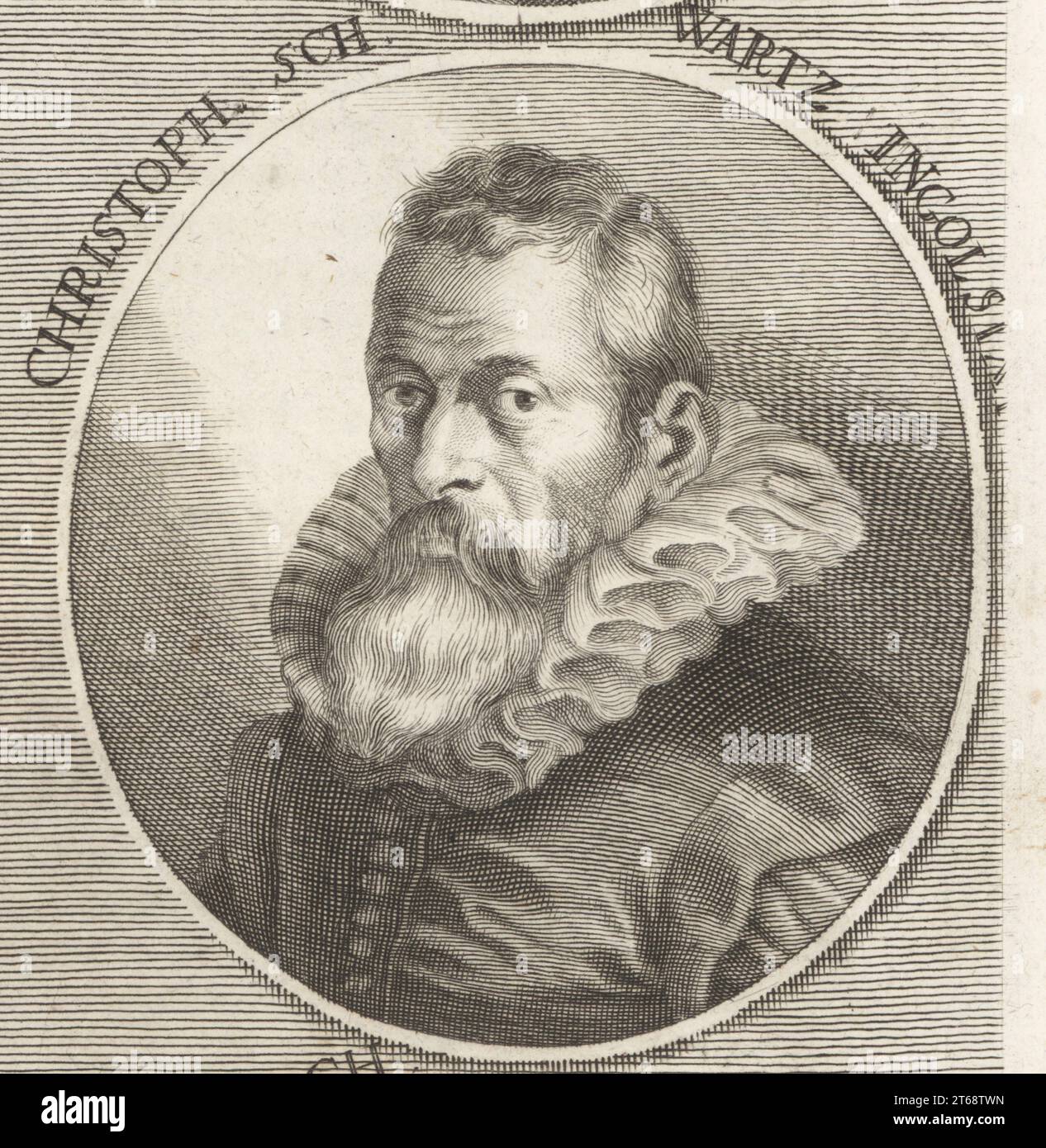 Christoph Schwartz, German court painter, born in Ingolstadt, worked for Maximilian I, Elector of Bavaria, c.1545-1592.. Cristoph Schwartz Ingolsus. Copperplate engraving after an illustration by Joachim von Sandrart from his LAcademia Todesca, della Architectura, Scultura & Pittura, oder Teutsche Academie, der Edlen Bau- Bild- und Mahlerey-Kunste, German Academy of Architecture, Sculpture and Painting, Jacob von Sandrart, Nuremberg, 1675. Stock Photo