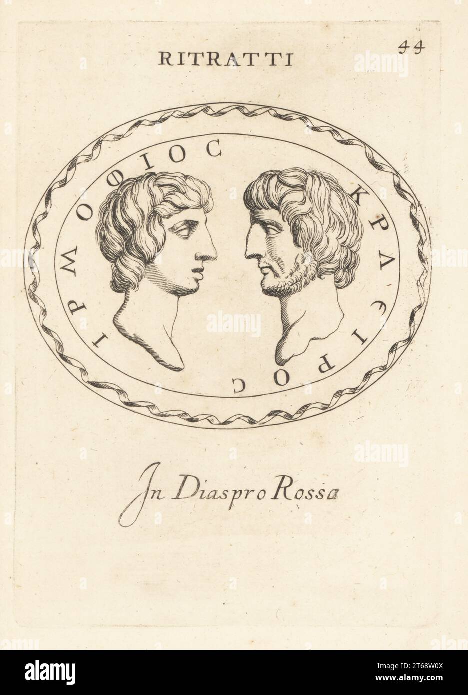 Dual portrait in bust profile facing each other in red jasper. Portrait of two young men, one bearded, possibly friends or relatives, with Greek single names Ermosio and Crairo. Ritratti in diaspro rossa. Copperplate engraving by Giovanni Battista Galestruzzi after Leonardo Agostini from Gemmae et Sculpturae Antiquae Depicti ab Leonardo Augustino Senesi, Abraham Blooteling, Amsterdam, 1685. Stock Photo