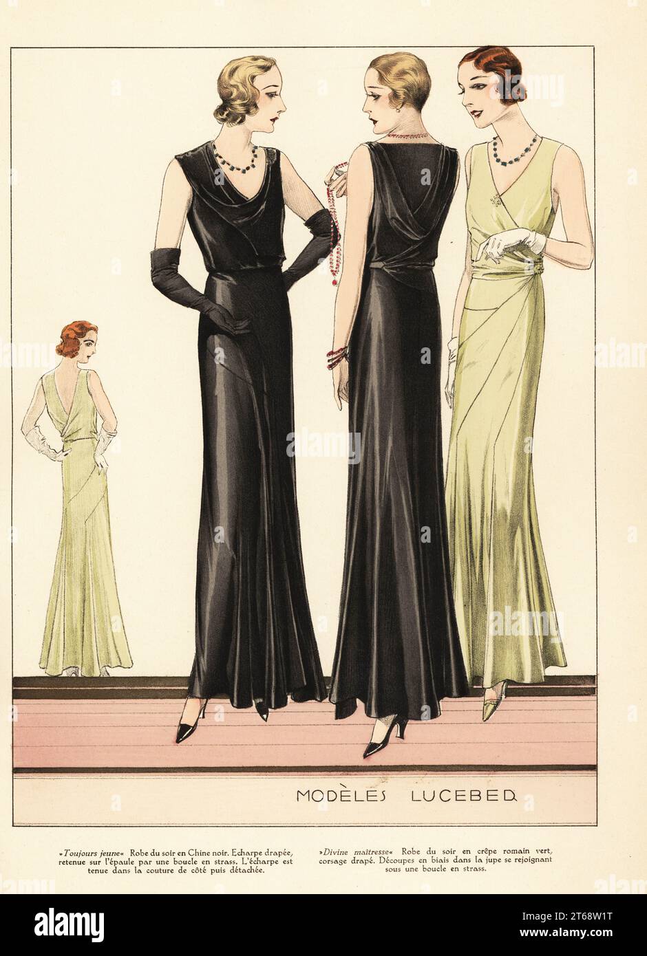 Woman in Always Young evening dress in black crepe de chine, with draped scarf held on the shoulder by a rhinestone buckle. Woman in Divine Mistress evening dress in green Roman crepe. Marcel wave bob hairstyle. Fashion designs by Luceber. Toujours jeune: Robe du soir en Chine noir, echarpe drapee, retenue sur l'epaule par une boucle en strass. L'echarpe est tenue dans la couture de cote pis detachee. Divine maitresse: robe du soir en crepe romain vert, corsage drape, decoupes en biais dans la jupe se rejoignant sous une boucle en strass. Handcoloured pochoir lithograph from La Grande Couture, Stock Photo