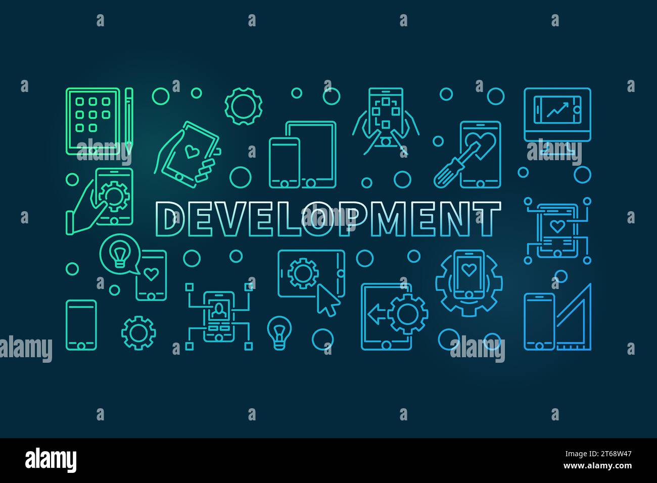 Development vector colorful concept horizontal illustration in thin line style on dark background Stock Vector